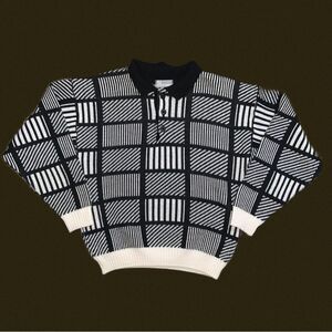 vintage 80s 90s eaton knit sweater stripe checkered‎ patchwork nylon wool blend